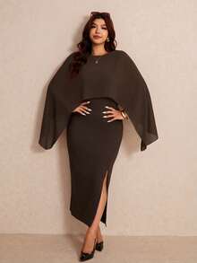 Elaquor Plus Size Women Elegant Solid Color Party Split Dress - Coffee Brown - View 4