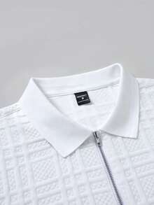 Manfinity Joysei Men's Knitted Jacquard Solid Color Textured Collar & Cuff Pure White Ribbed Zip-Up Polo Set - White - View 3