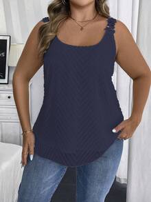 Vionelle Áo tank top cỡ lớn, màu trơn, cổ tròn, kiểu dáng thường ngày, có bèo nhún, thích hợp cho mùa hè. - Màu xanh hải quân - Xem 3