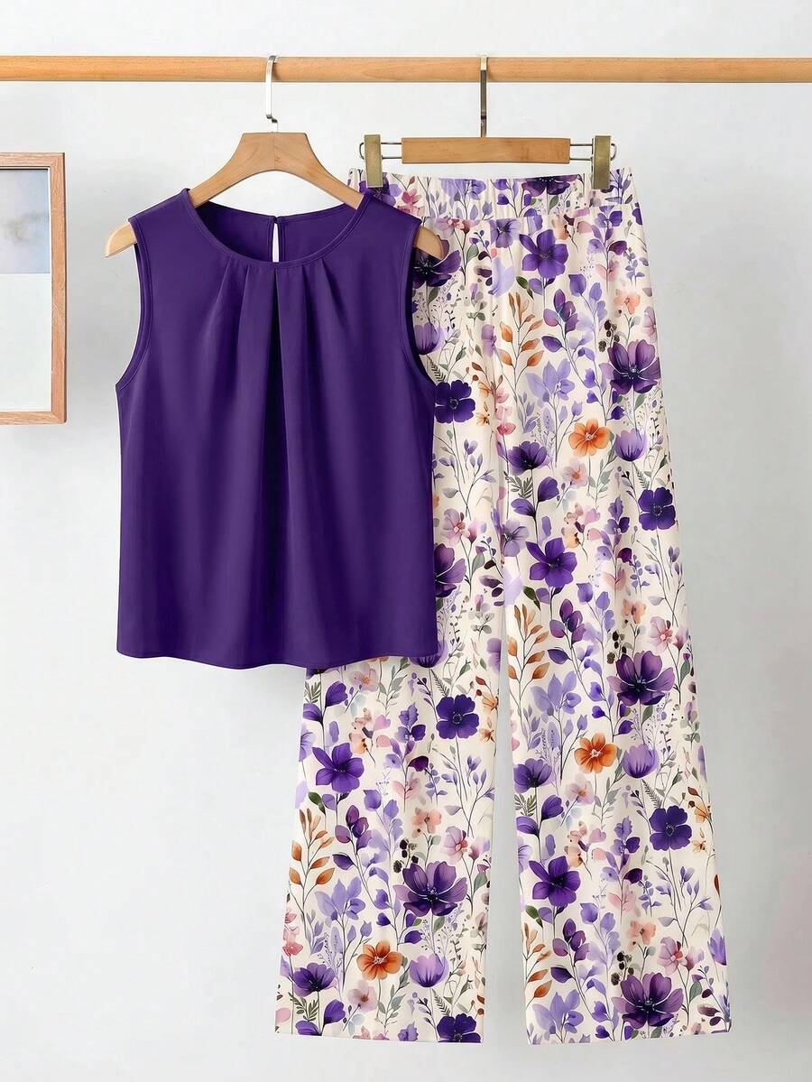 SHEIN Clasi 女士紫色印花无袖连体裤套装,夏季 - 紫色 - 查看 1
