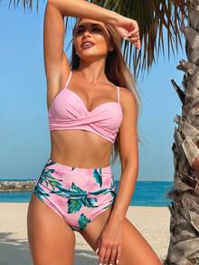 Swim Lushoire Summer Beach Plant Print Ruched Twist Front Push Up Bikini - Multicolor - View 6