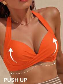 Swim Basics Solid Color Crossed Wrap Halter Bikini Top For Summer Beach Vacation - Orange - View 8