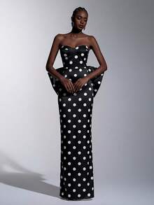 Elitara Elegant Luxurious Polka Dot Digital Print Satin Handmade Big Bow Decor Strapless Straight Dress, Reference For Women's Formal Evening Gown - Black and White - View 1