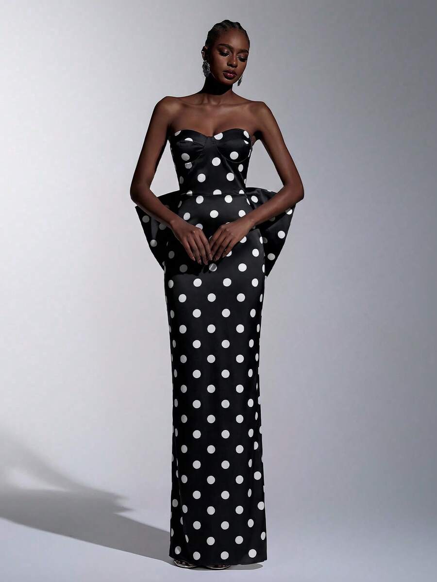 Elitara Elegant Luxurious Polka Dot Digital Print Satin Handmade Big Bow Decor Strapless Straight Dress, Reference For Women's Formal Evening Gown - Black and White - View 1