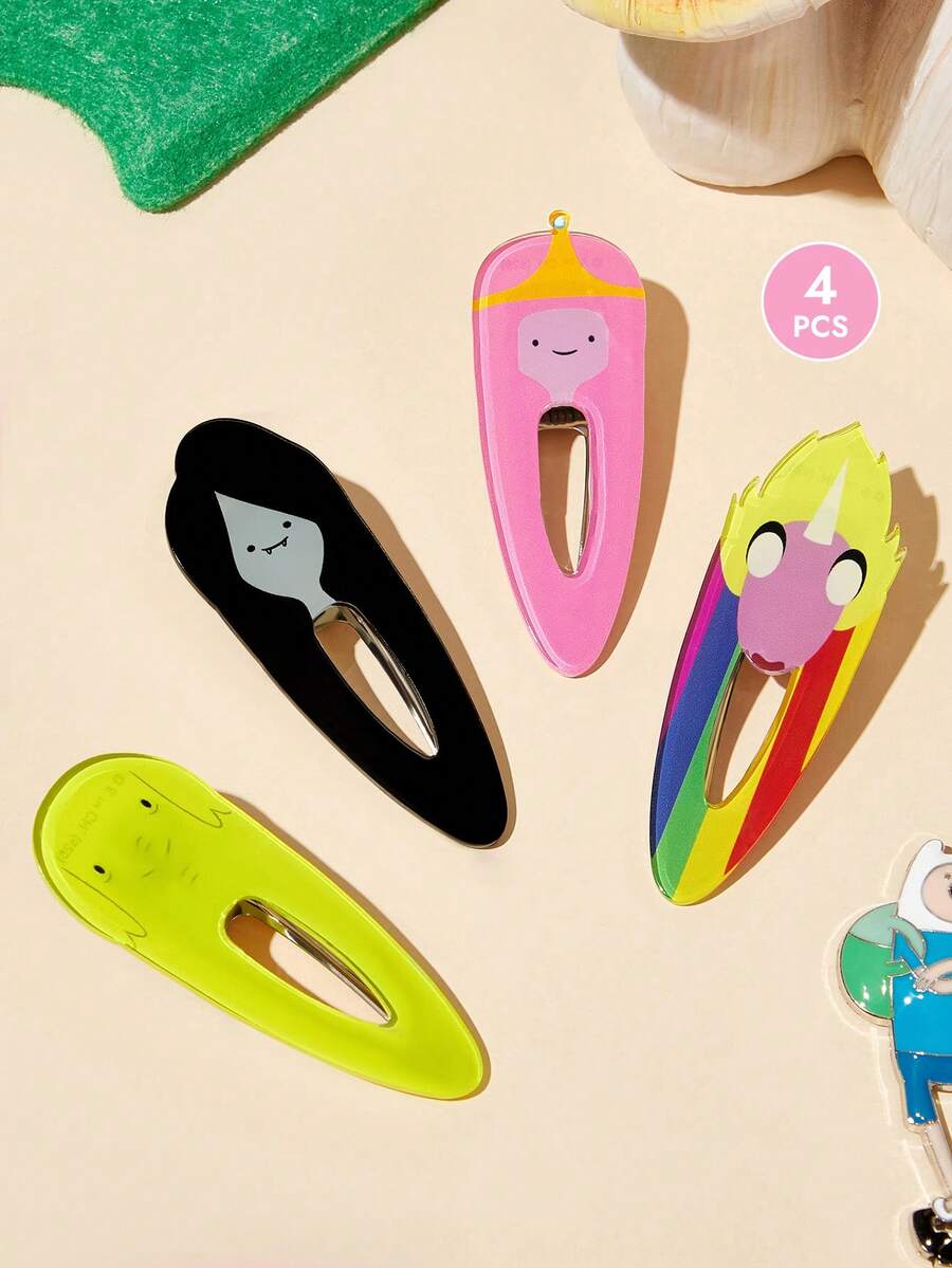 ADVENTURE TIME X SHEIN 4个可爱卡通图案亚克力发夹，礼品，发卡 - 彩色 - 查看 1