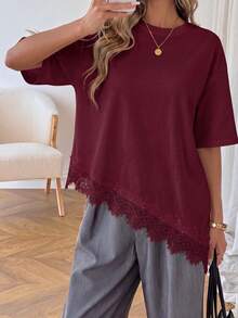 Camiseta casual de mujer con dobladillo asimétrico de encaje de unicolor, uso básico diario, blusa casual de primavera/verano para vacaciones de mujer, vacaciones de verano para mujer - Burdeos 2 - Ver 4