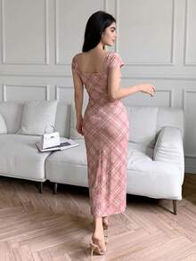 Feyla Đầm dài ngang gối kẻ caro thanh lịch dành cho nữ, thích hợp cho mùa hè. - Hồng - Xem 3