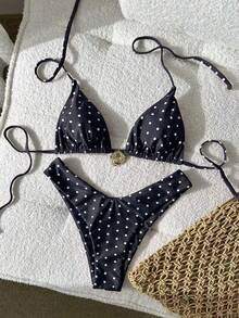 Swim Mod Women's Black & White Polka Dot Random Print Halter Metal Decor Bikini Set, Spring/Summer - Multicolor - View 3