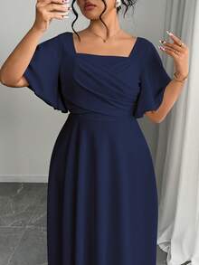 Modelyn Plus Size Navy Blue Summer Elegant Wedding Midi Wrap Dress,Square Neck Flutter Sleeve Cross-Over Bust Waist Cinched A-Line Modest Chic Holiday Outfits - Navy Blue - View 4