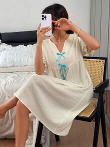 DAZY 女款夏季缺口領撞色蝴蝶結裝飾寬鬆睡裙睡衣 - 白色 - 查看 7