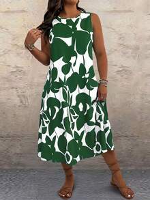 SHEIN LUNE CURVE Plus Size Women Vacation Floral Print Contrast Color Sleeveless Dress, Beach - Dark Green - View 4