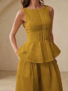 BELROSIE Casual Versatile Fashion Commute Vacation Relaxed Vintage Linen Texture Sleeveless Pleated Hem Top Paired With Loose Wide Leg Pants 2 Pieces Set - Yellow - View 2