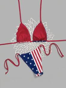 SHEIN Women's Independence Day American Flag Print Knotted Halter Bikini Set - Multicolor - View 2