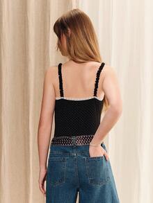 lacRébo Bodysuit Rajut Polkadot Hitam, Garis Leher Berbentuk Hati, Desain Tali Bahu Berkerut, Hiasan Renda, Gaya Vintage Prancis, Cocok Untuk Musim Semi Dan Musim Panas - Hitam - View 2