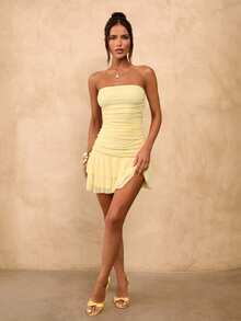 SHEIN Tall CURVE CURVE Plus Size Women's Tall Yellow Summer Elegant Night Out Club Ruched Fitted Tube Dress,High-Waisted Wedding Guest Party Dresses - Light Yellow - View 12