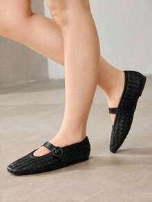 MOTF ZAPATOS PLANOS ELEGANTES Y VERSÁTILES PARA MUJERES, DE COLOR NEGRO TEJIDO CON HEBILLA AJUSTABLE - Negro - Ver 7