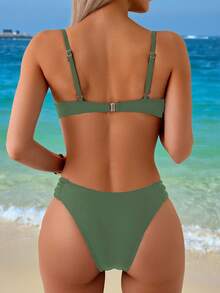 Swim SPRTY Women's Black Sexy Supportive Ruched Bandeau Top And Bikini Bottoms 2-Piece Swimwear Set, Summer Beachwear - Army Green - View 2