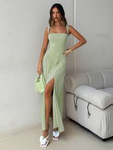 Aloruh Women's Elegant Sage Green Summer Super Long Pleated Mesh Patchwork Dress,A-Line Brunch Vacation Party Date Music Festival Y2K Wedding Guest Attire - Green - View 6