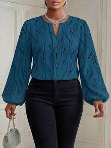 Fleurora Camisa de Manga Longa com Estampa de Bolinhas e Listras, Casual e Plus Size, Adequada para o Outono - Azul Empoeirado - Visão 5
