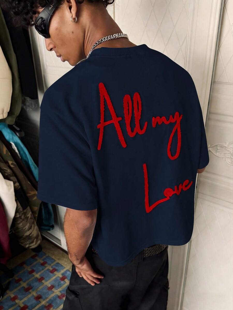 PAVTROS Men's Letter Embroidery Round Neck Short Sleeve T-Shirt, Versatile - Navy Blue - View 1