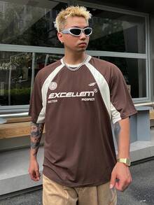 DAZY 男士夏季字母印花圆领超大短袖休闲T恤返校季图案T恤 - 棕色 - 查看 1
