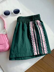 Comfortcana Women's Elastic Waist Contrast Color Lace Loose Casual Shorts, Suitable For Summer - Dark Green - View 3