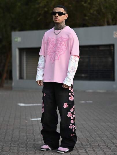 Devon Thys 男士街头风格流行 INS 搭配天使丘比特印花刺绣心形 T 恤，户外音乐节、夜总会酒吧、男朋友/丈夫礼物、周年纪念礼物、二合一 T 恤、粉色图案 T 恤、粉色街头服饰、粉色 Y2k 衬衫、2000 年代风格