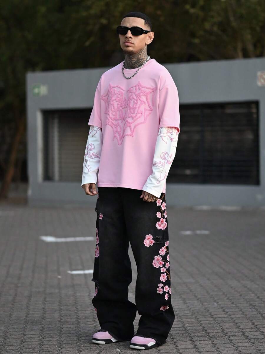 Devon Thys 男士街头风格流行 INS 搭配天使丘比特印花刺绣心形 T 恤,户外音乐节、夜总会酒吧、男朋友/丈夫礼物、周年纪念礼物、二合一 T 恤、粉色图案 T 恤、粉色街头服饰、粉色 Y2k 衬衫、2000 年代风格 - 彩色 - 查看 1