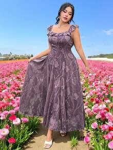 Seusyu Đầm dáng chữ A không tay, eo cao, chất liệu chiffon, kiểu dáng lãng mạn, thanh lịch, cổ bèo nhún, chất liệu chiffon, thích hợp cho mùa xuân/hè. - Màu tím - Xem 4