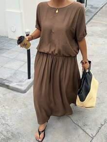 Dazy Plus Brown 2-Piece Set: Casual Round Neck Short Sleeve Top And Skirt, Vacation Style, Plus Size For Spring/Summer - Brown - View 1