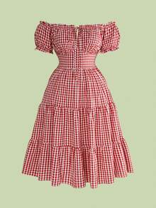 Sweetness Plus Size Women's Gingham Print Off-Shoulder Petal Sleeve Casual 1920s 1950s Vintage 90s Dress, Summer Oktoberfest Vacation Red And White - Red - View 1