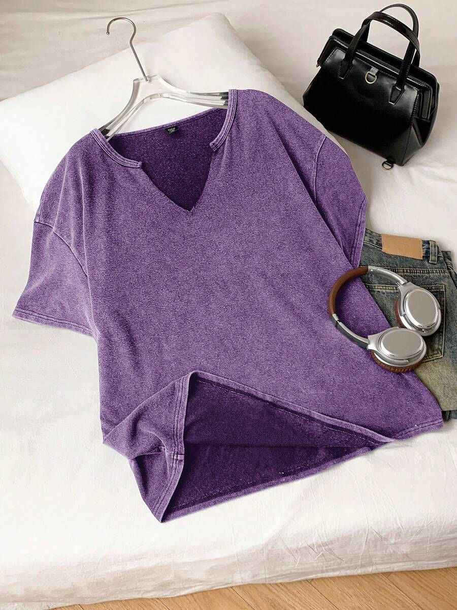 Comfortcana 大码春夏服装,复古紫色宽松短袖V领大码T恤,纯棉面料,春夏装 - 紫色 - 查看 1
