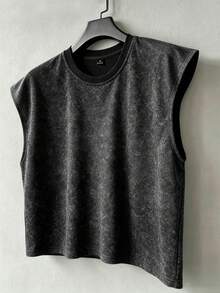 PAVTROS Áo vest nam không tay rách rưới, áo crop top dáng rộng, phong cách vintage Mỹ rách rưới, phong cách đường phố mùa hè, thời trang đường phố, trang phục công sở, dáng suông, quà tặng ngày lễ, món quà tốt nhất cho bạn trai/chồng. - màu đen - Xem 2