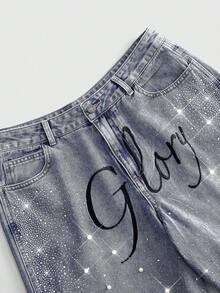 ROMWE MEN Men's Embroidered Pattern Pearl Studded Loose Denim Shorts - Blue - View 3