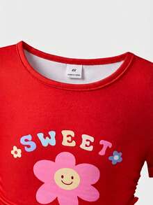 SHEIN 2pcs/Set Young Girls Fuchsia Round Neck Short Sleeve Floral Print Waist T-Shirt And Sunflower Print Effect Long Pants - Red - View 3