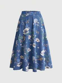 ROMWE Fairycore Summer Outfits Plus Size Women Retro Printed Casual Denim A-Line Skirt - Multicolor - View 5