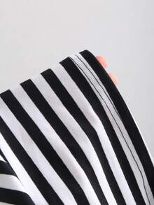 Sweetra Black & White Striped Versatile Off Shoulder Elastic Design Soft & Slimming Women's Summer T-Shirt - Black and White - View 4