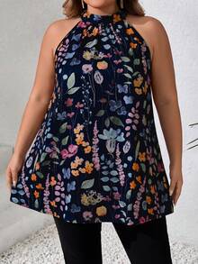 SHEIN CURVE+ Plus Size Women Floral Print Ruching Halter Blousesummer/Country/Beach Vacation Outfits/Beach Outfits/Beach Wear - Navy Blue - View 1