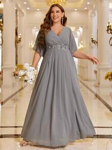 SHEIN Belle Váy phù dâu bằng vải voan tay bèo nhún đính Appliques thanh lịch, trang trọng, dự tiệc tối, tốt nghiệp, tiệc tối - Xám - Xem 6