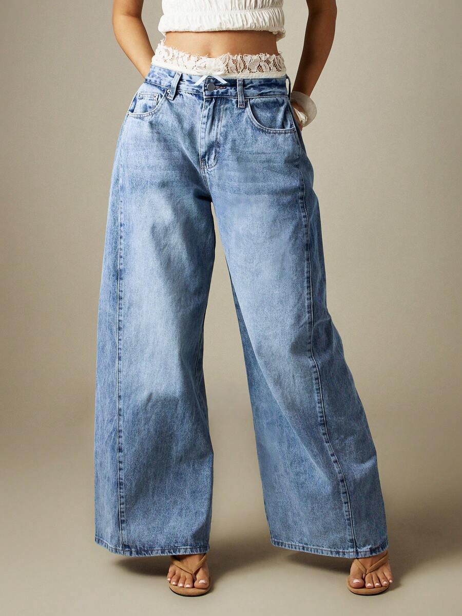 MISSGUIDED Wide Leg Baggy Jeans With Contrast Lace Waistband, Vintage Washed Denim, Low Rise, Oversized Fit - Medium Wash - View 1