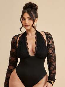 SHEIN BAE CURVE 大尺碼女款黑色蕾絲拼接透視長袖連身內衣，優雅女款深V領有袖內衣 - 黑色 - 查看 5