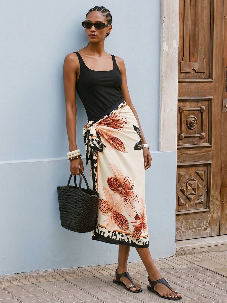 SHEIN Maija Women's Beige Summer Boho Butterfly & Floral Leopard Print Tie-Up Skirt,Beach Vacation Holiday Outfits,Elegant Festival Country Clothing