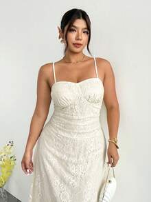 Firerie 女士褶皱蕾丝吊带荷叶边连衣裙，伴娘礼服，适合婚礼派对 - 杏色 - 查看 5