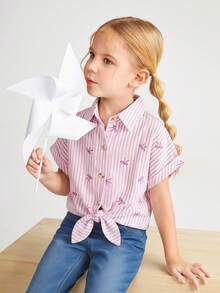 SHEIN 年轻女孩编织宽松落肩简约条纹系带休闲衬衫 - 粉色 - 查看 7