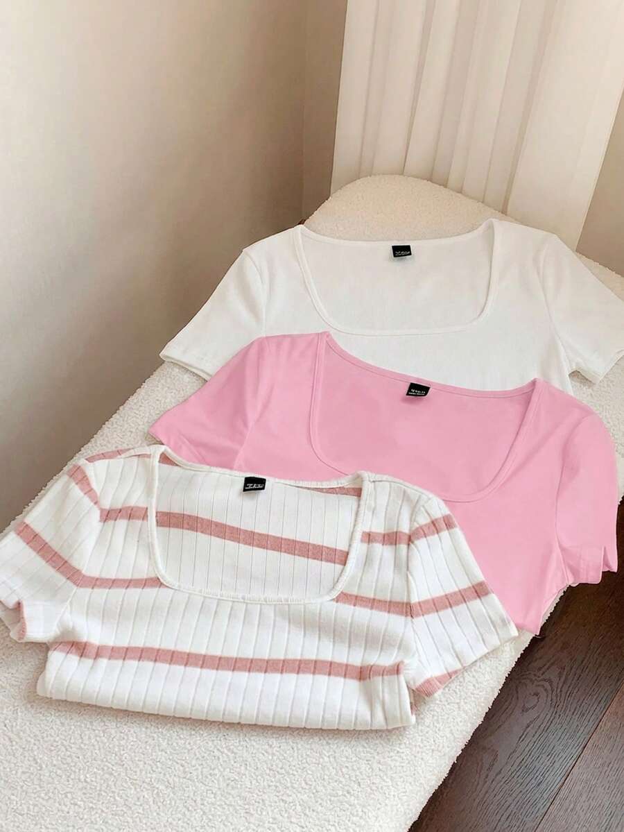 Comfortcana Set de 3 camisetas de talla grande a rayas y de unicolor - Multicolor - Ver 1