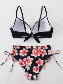 2件組 Swim Lushoire 成熟時尚性感泳裝套裝，純色繫帶泳裝上衣搭配植物印花短褲，夏季海灘度假適用 - 黑色 - 查看 4