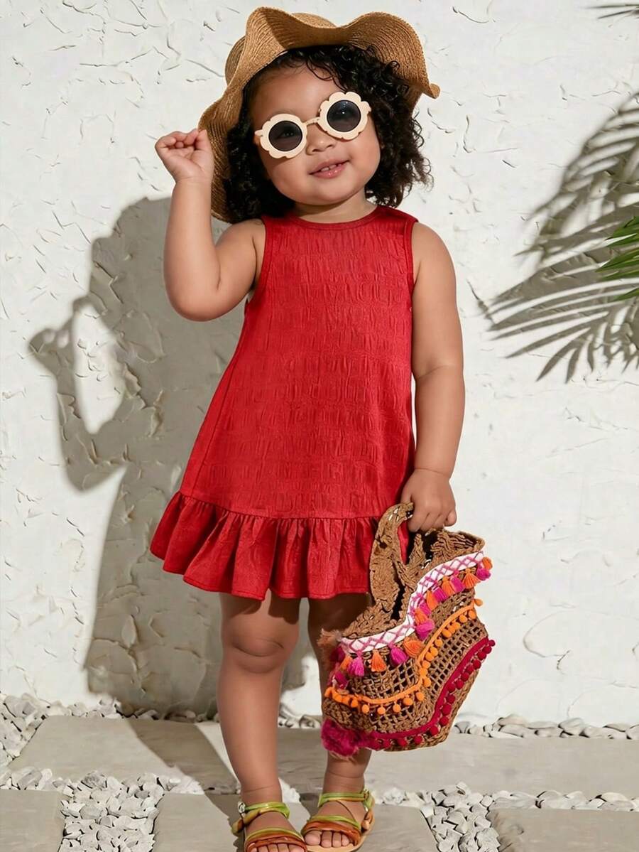 SHEIN Váy đỏ phối họa tiết dễ thương cho bé gái - Đỏ - Xem 1