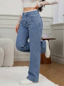 SHEIN Tall Quần jean ống rộng cạp cao kẻ sọc dọc dành cho nữ, trang phục thường ngày thanh lịch và thoải mái cho mùa hè. Quần jean ống rộng kẻ sọc màu đen thời trang công sở, cạp ren thanh lịch với chi tiết phối ghép, thích hợp cho mùa hè. - Màu xanh nhạt - Xem 5