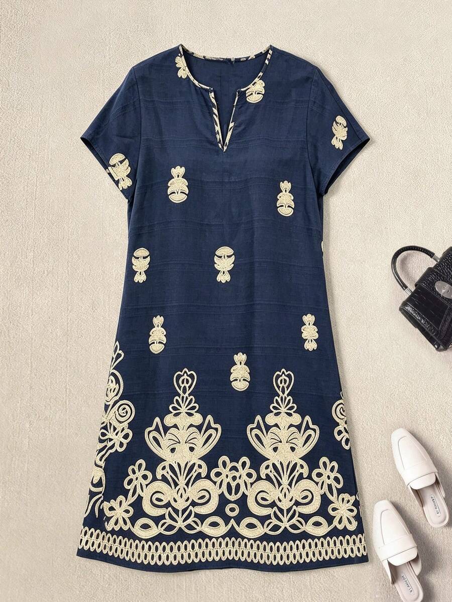 SHEIN LUNE 女士碎花V领短袖休闲连衣裙,适合度假 - 藏蓝色 - 查看 1