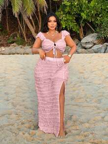 NU&NOW Plus Size Women 2-Piece Set: Adjustable Tie Cropped Top & High Slit Skirt, Textured Knit Fabric - Pink - View 5